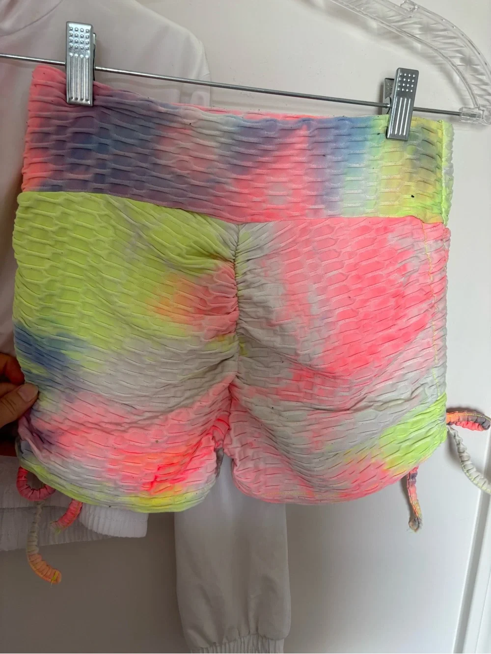 Women’s Neon Tie Dye Scrunch Butt Shorts with bra and crop jacket workout set